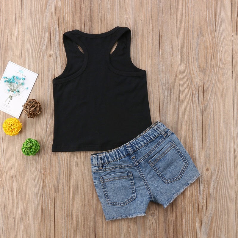 Honganda Fashion 2Pcs Toddler Kids Baby Girl Sunflower Outfits Sleeveless Tank Top+Denim Shorts Summer Clothes (Black, 3-4T) - Image 4